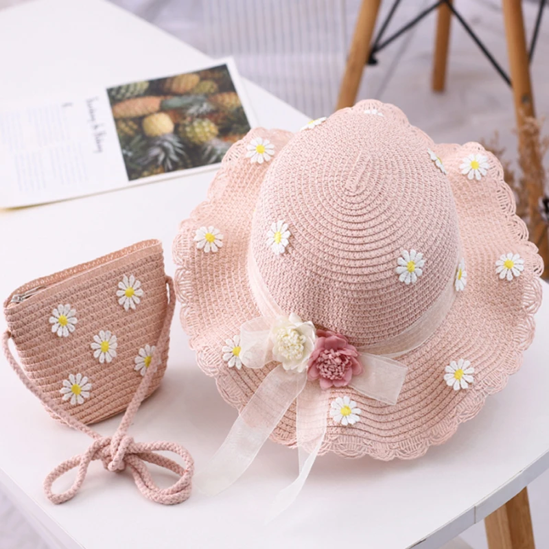 

New Summer Children Straw Floral Hat Baby Sun Hat Girl Summer Cap Beach Visor Hat Straw Bag Two-Piece Sets