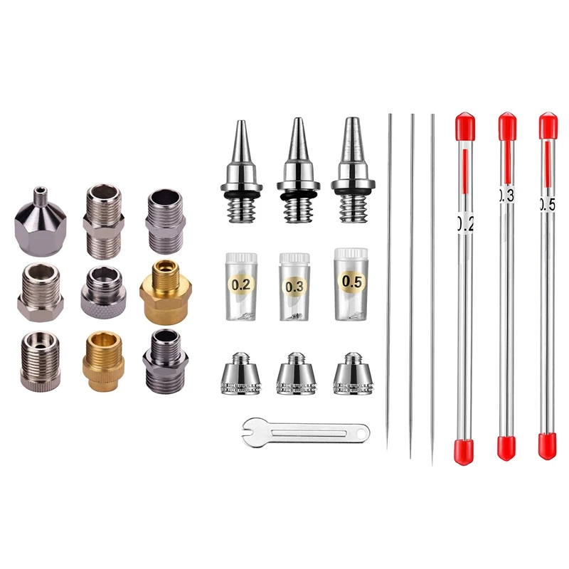

9Pcs Universal Airbrush Adaptor Kit Fitting Connector Set With 10Pcs Airbrush Nozzle Needle Nozzle Cap Kit