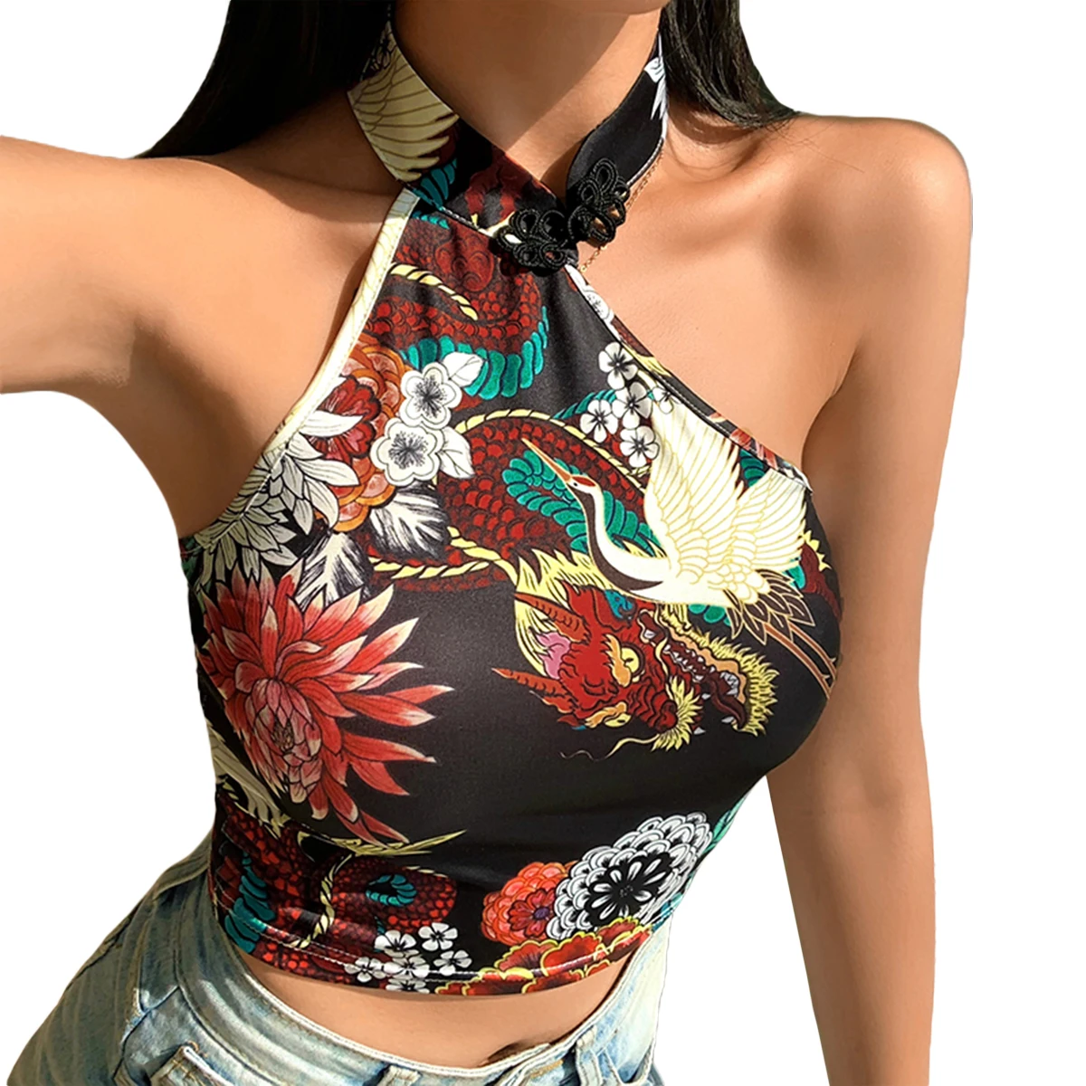

Fashion Ladies Chinese Style Tops Dragon Floral Tee Backless Sleeveless Neck Buckle Slim Sexy Summer Streetwear Crop Top Tank