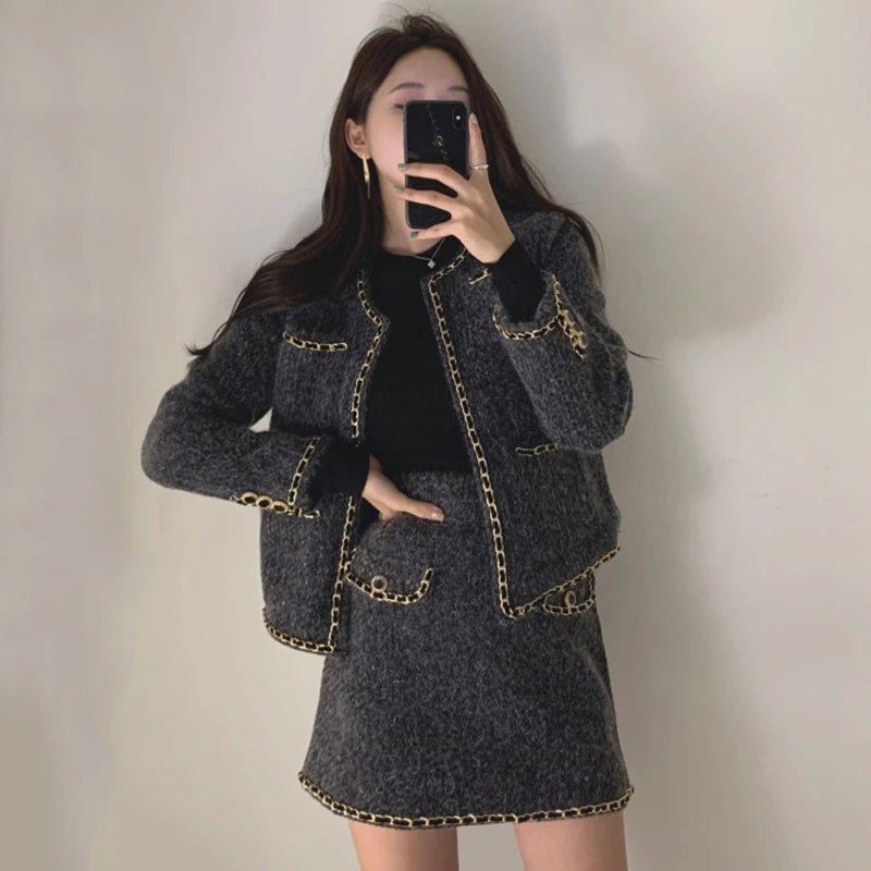 

Autumn Winter Minimalist Korean Two Piece Set Outfits Long Sleeve Coat and High Waist Mini Skirt Ladies Office 2 Piece Sets
