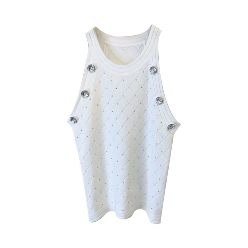 

Heavy Industry Diamond Pattern Hand-stitched Knitted Vest 21 Spring New Shiny Rhinestone Base All-match Top