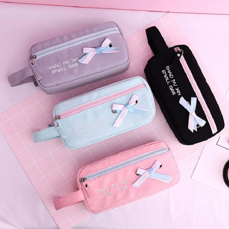 

GIFT Girls Heart Large capacity bow pencil case Korean Stationery Bag Cute girl Students Pen storage bag Pouch pencil bag