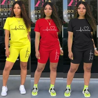 letter t shirts and shorts women two piec set summer short sleeve o neck casual 2 piece joggers biker shorts outfit for woman