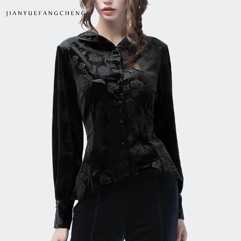 

Vintage Embossed Floral Velour Blouse Women Warm Autumn Winter Top Elegant Slim Cardigan Shirt Plus Size Office Casual Blouses