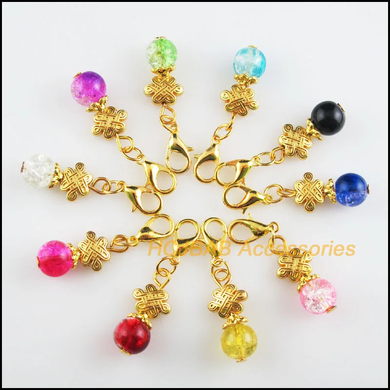 

10 New Chinese Knot 10x21mm Charms Mixed Shivering Glass Gold Color Retro With Lobster Claw Clasps