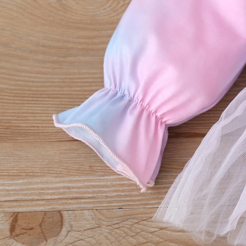 

New Fashion Baby Girl Clothes 2 Piece Tie Dye Ruffles Long Lantern Sleeve Mesh Princess Party Baby Bodysuit+bow Headband 0-18M