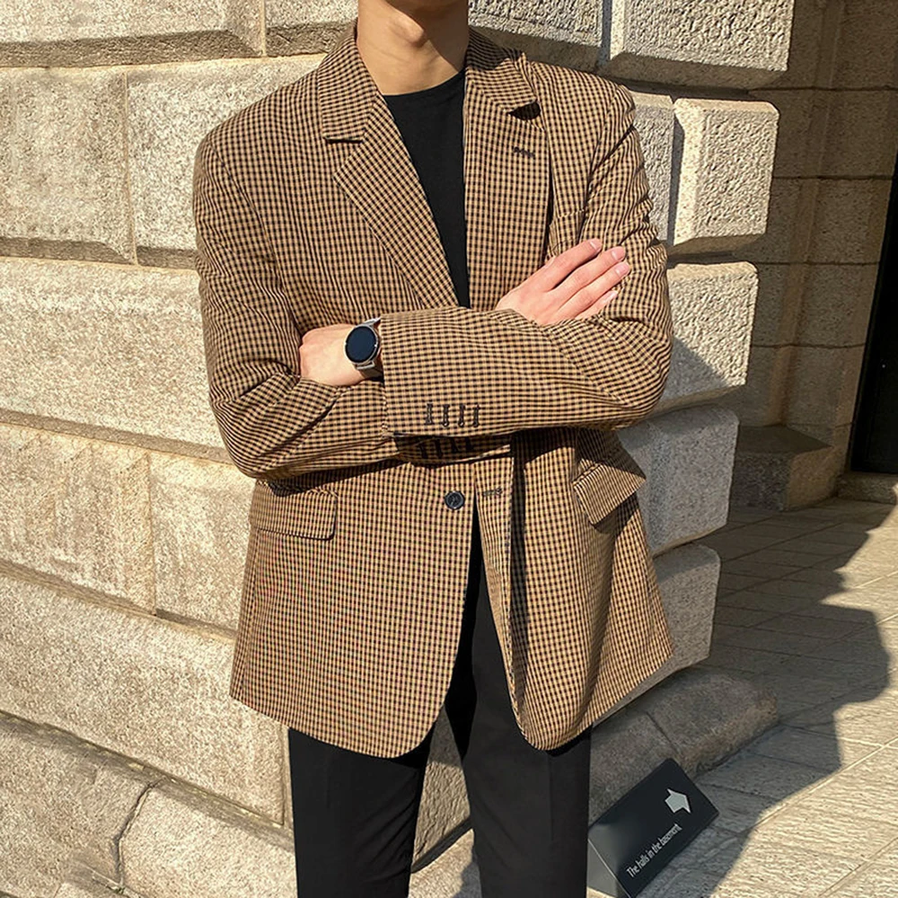 Korean Style Suit Jacket Plaid Male Blazer Autumn Winter Slim Fashion Casual Dress Button Loose Coat