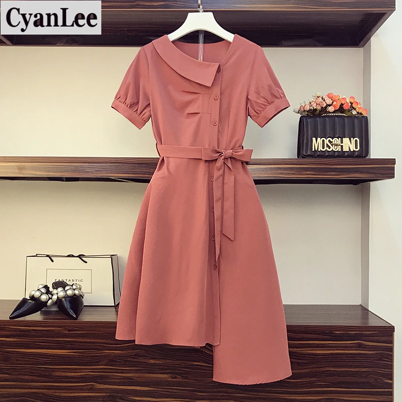 

Cyanlee Plus Size Women Shirt Dress Summer 2020 Korean Fashion Short Sleeve Bow Waist Loose Casual Asymmetric Dresses Ladies 5XL