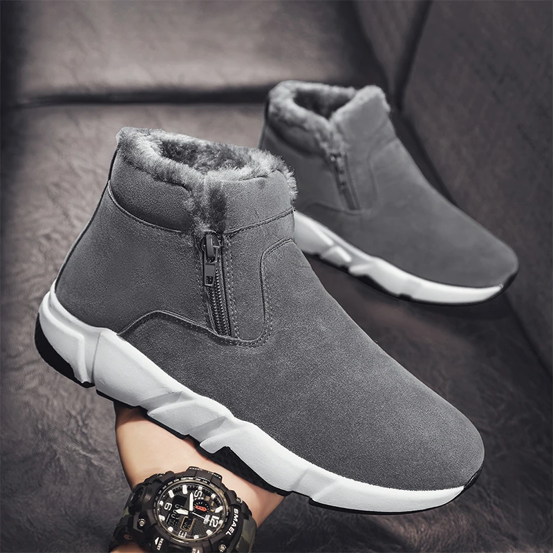 

Fashion Winter Men Shoes Boots Cow Suede Leather Snow Boots for Man Flat Platform Footwear Warm Plush Male Sneakers Zip Design