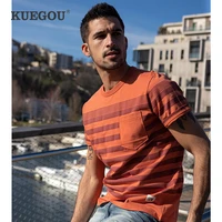 kuegou 100 cotton clothing mens t shirt short sleeve fashion striped pocket tshirt summer tee high quality top plus size 90071