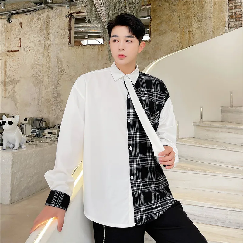 

Man Streetwear Vintage Fashion Dress Shirts Men Tie Plaid Splice Loose Casual Long Sleeve Shirt Male