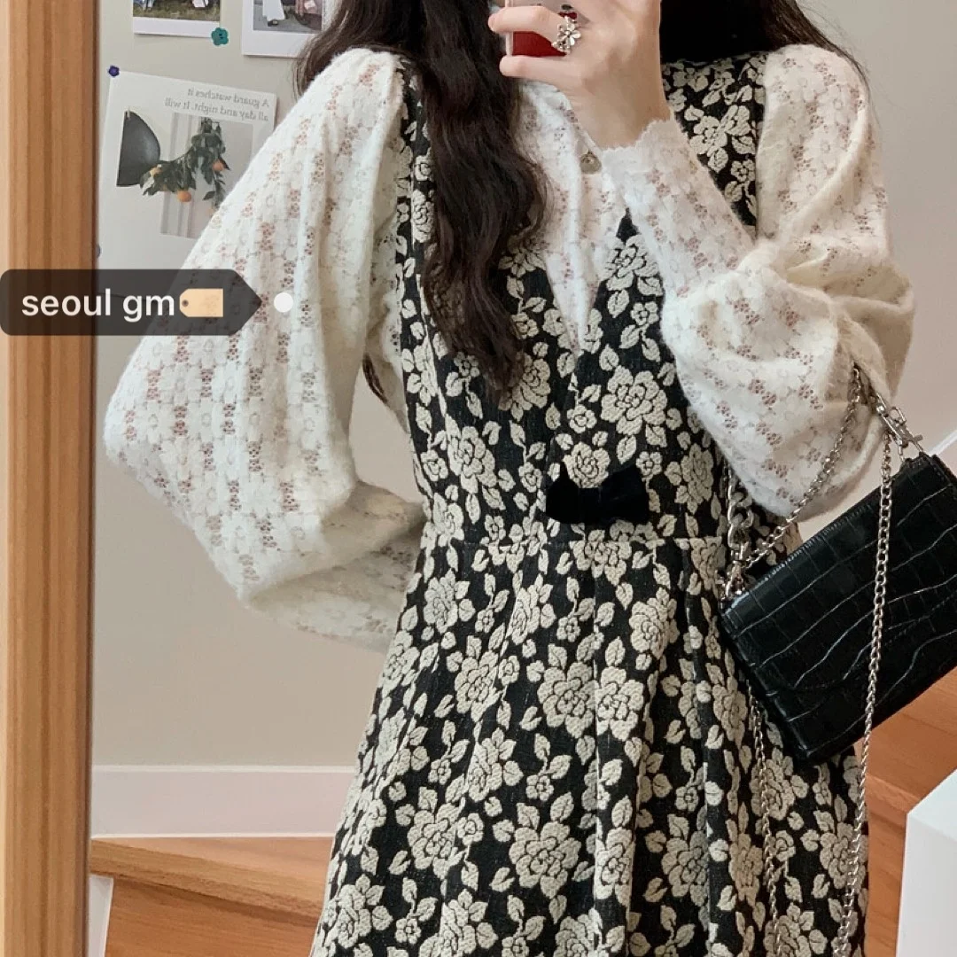 Корейское жаккардовое платье с завышенной талией платье-жилет бантом кружевная