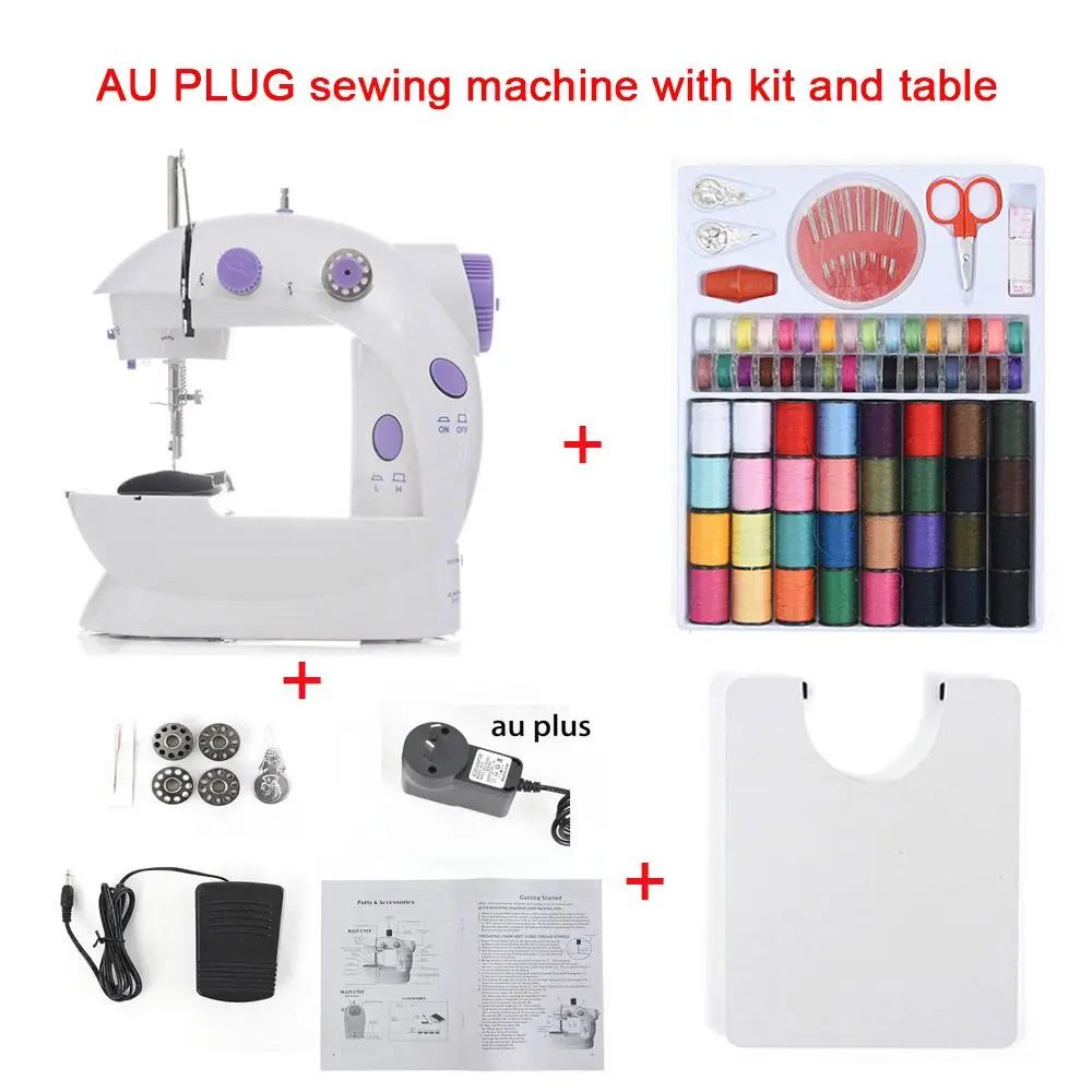 AU with Kit table Мини Портативные Ручные Швейные машины для шитья, рукоделия, беспроводные ткани для одежды, электрическая швейная машина, набор стежков 16 - Цвет: AU with Kit table