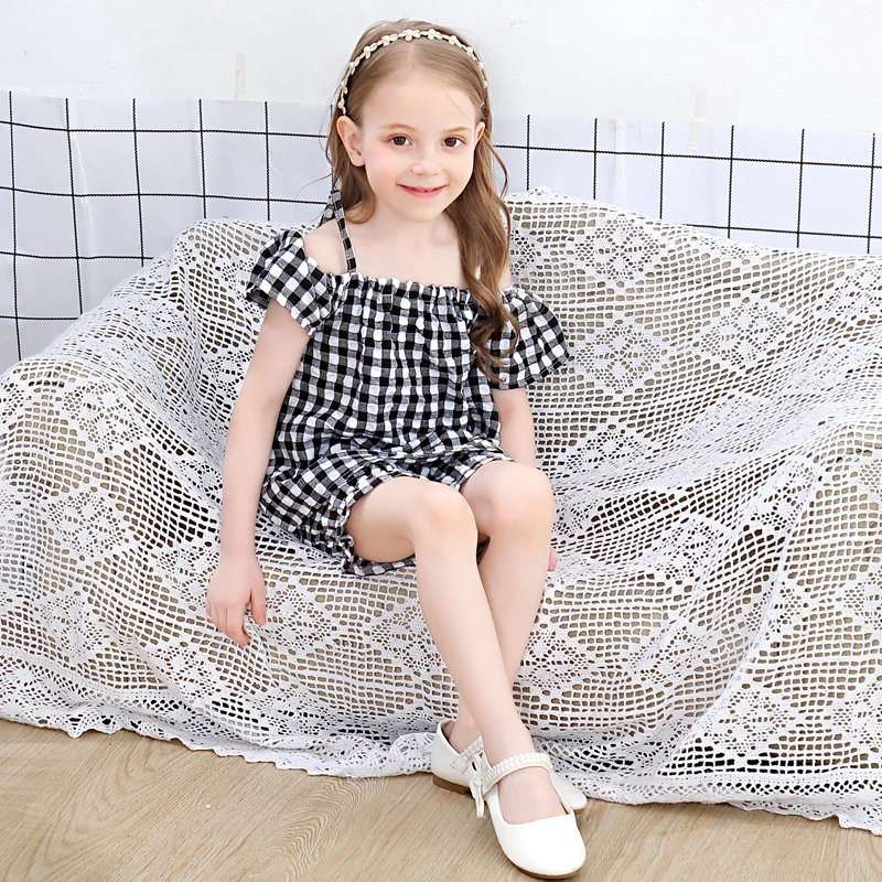 Модный клетчатый комплект для девочек топ на бретельках с открытыми плечами