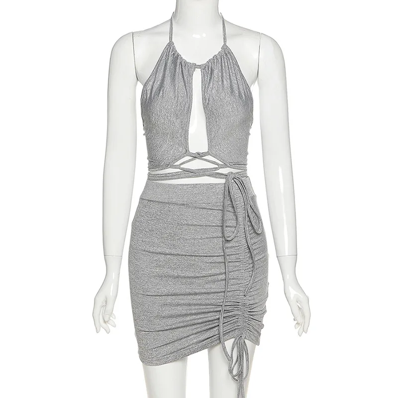 

Sibybo Two Pieces Set Sexy Halter Ruched Dress Summer Women Sleeveless Backless Mini Dress Femme Drawstring Crop Top Skirts Suit