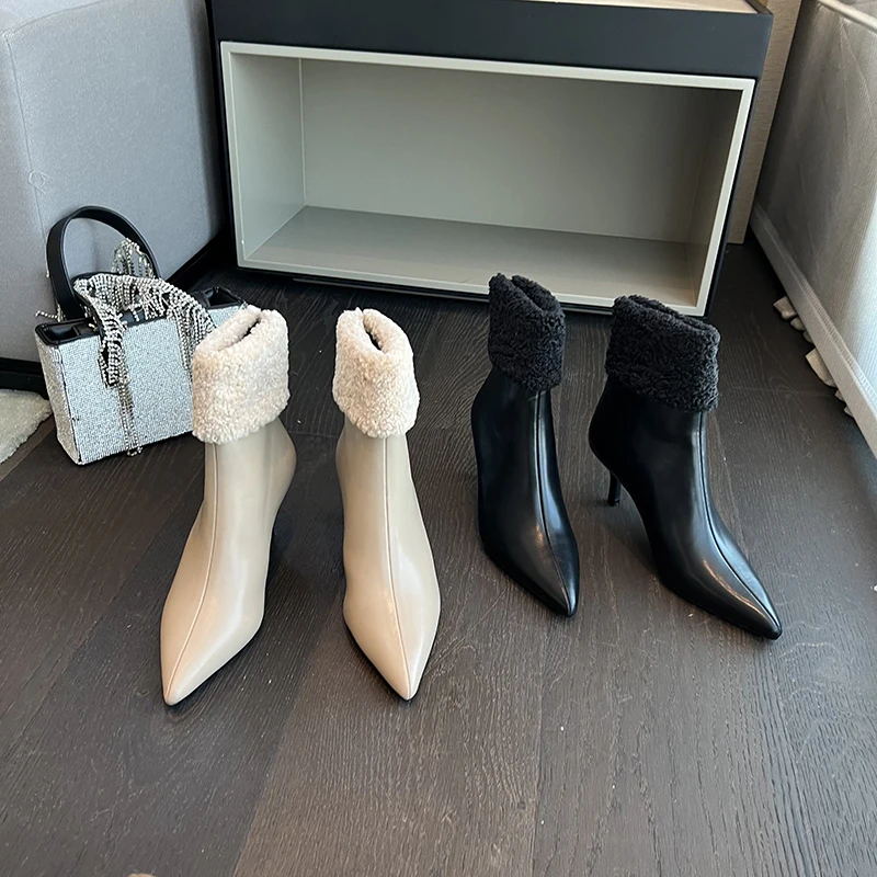 

Fashion Women Ankle Boots Pointed Toe Black Beige Winter Fur Boots Thin High Heels Elegant Back Zipper Closed Pumps Shoes Woman