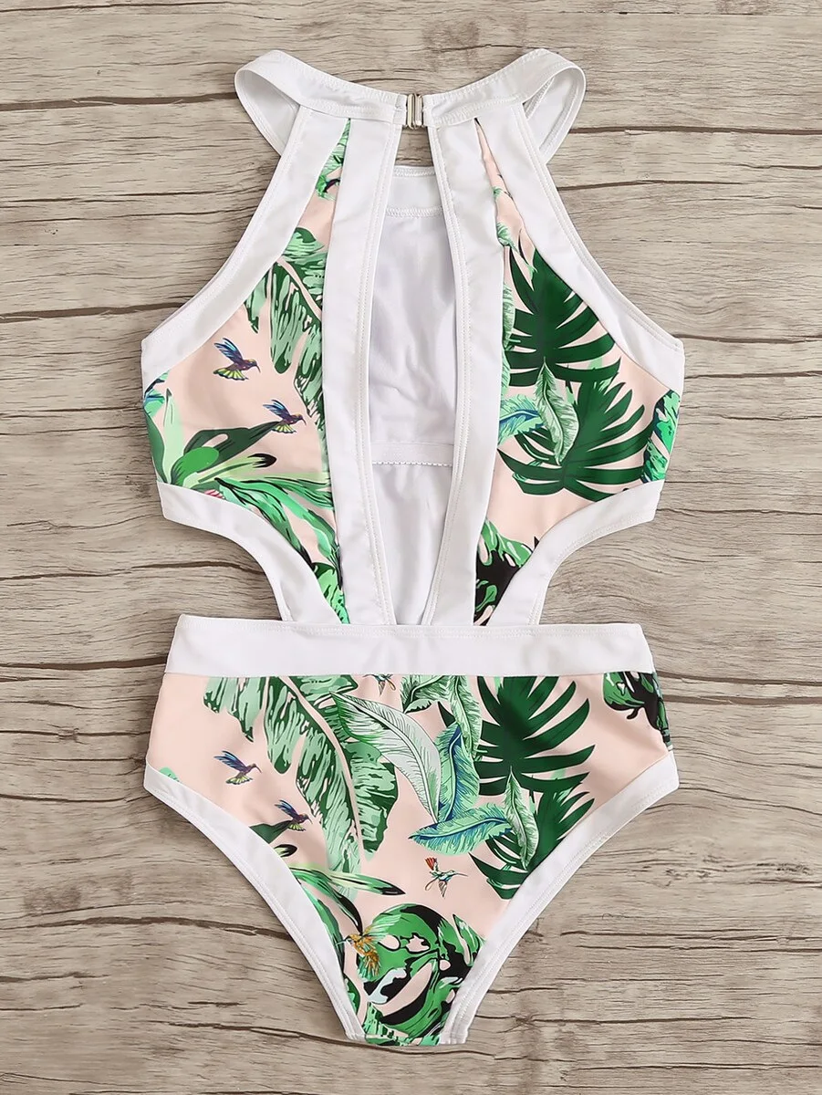 Сексуальный слитный купальник Женский монокини с вырезами бикини принтом пальмы