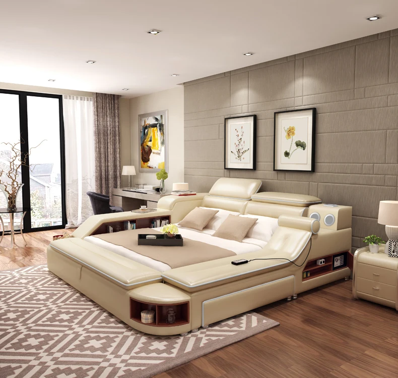 Роскошная массажная кровать из натуральной кожи с музыкальным динамиком для