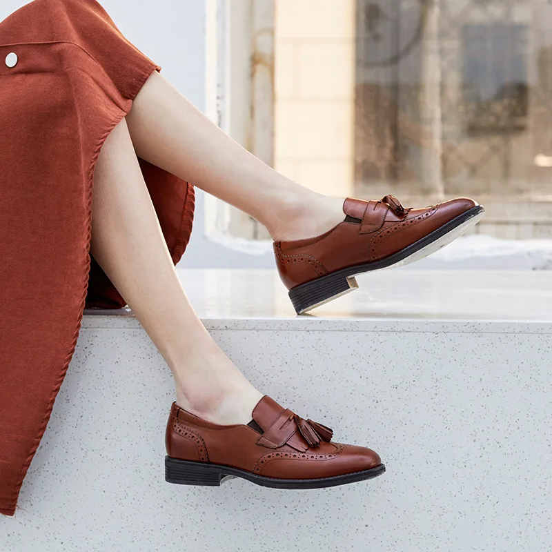 Туфли BeauToday женские с бахромой натуральная телячья кожа броги круглый носок