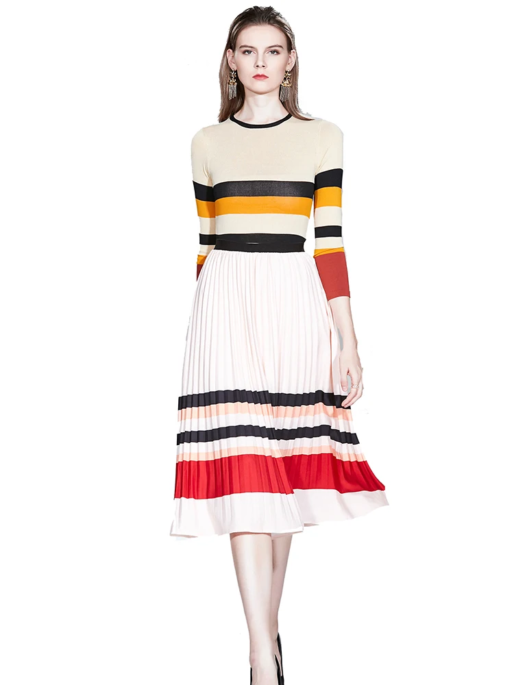 Женский комплект из 2 предметов вязаный свитер в полоску и юбка складку |