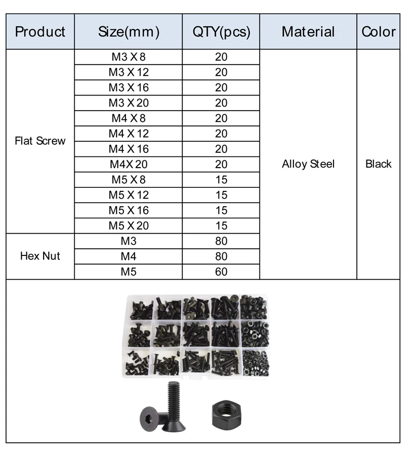 

Flat Hex Socket Head Cap Screw Metric Thread Hexagon Machine Countersunk Bolt Nut Assortment Kit Set Alloy Steel Black M3 M4 M5