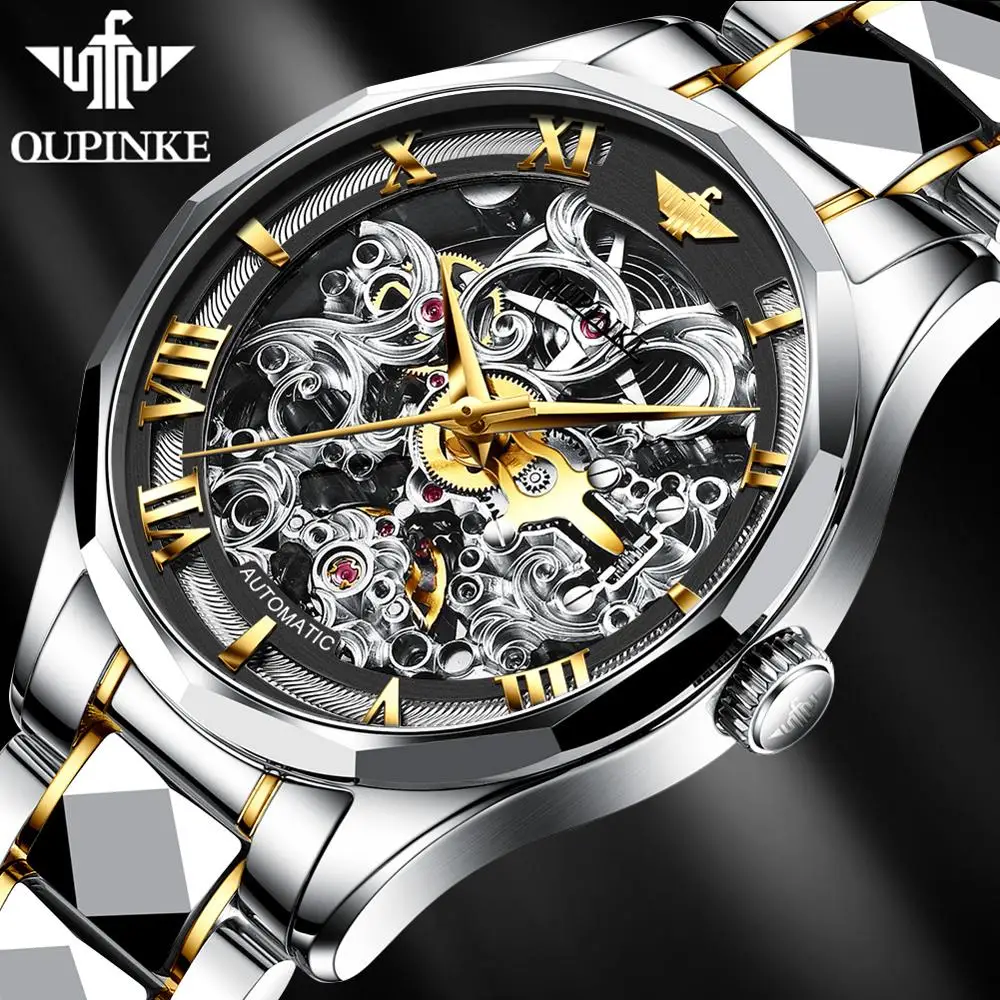 

Часы OUPINKE Мужские механические Автоматические, брендовые водонепроницаемые наручные часы-скелетоны с сапфировым стеклом, черные, 2020