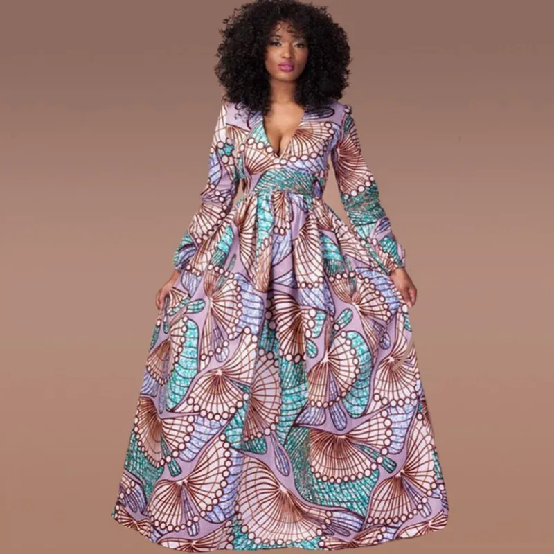 

Элегантные африканские платья Дашики с принтом с V-образным вырезом длинное платье вечернее стильное осеннее модное сексуальное платье афр...