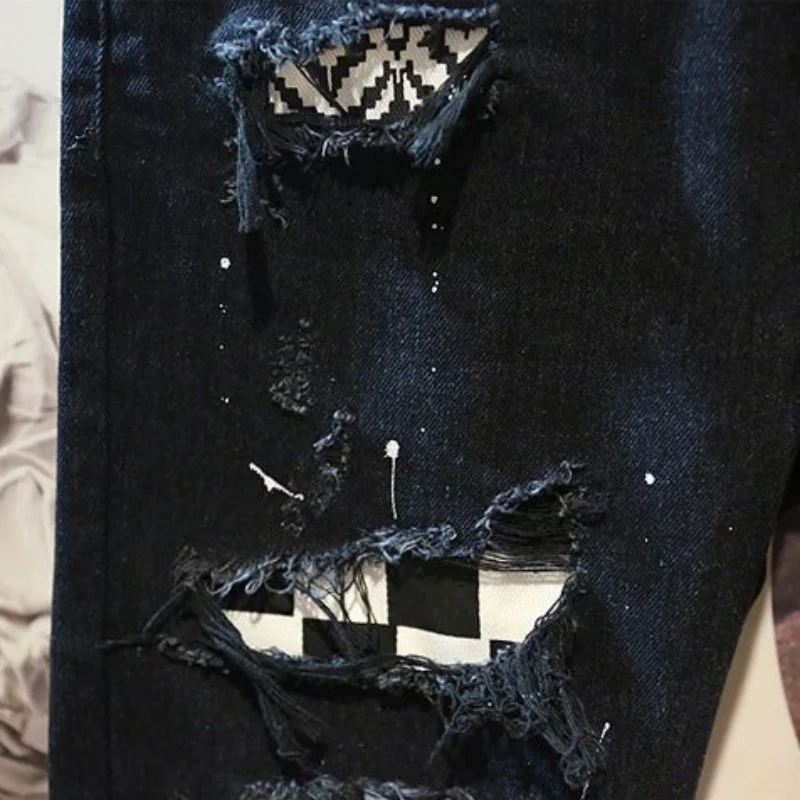 Мужские корейские разноцветные рваные клетчатые повседневные спортивные брюки