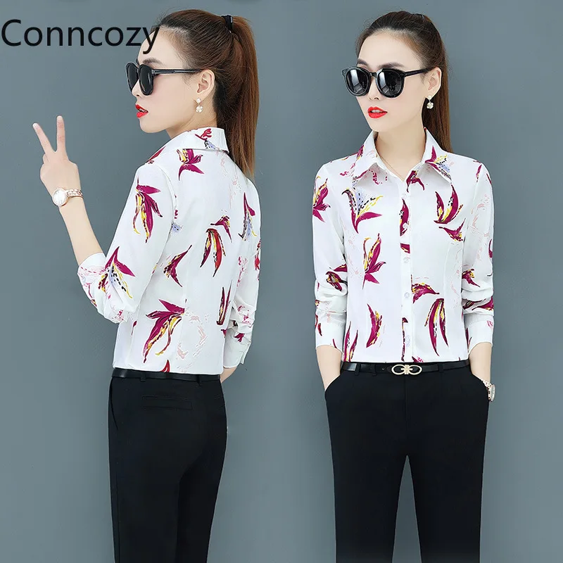 

Office Blouses Vintage Striped Floral Print Spring Autumn Tops Women Fashion Slim Chiffon Shirt Slim Korean Long-Sleeve Blusas