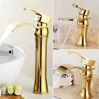 gold bathroom basin soild brass faucet hot cold lavatory sink mixer crane waterfall tap single handle deck mounted new arrival