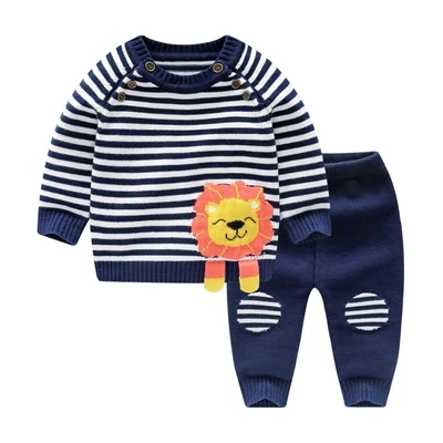 as picture navy blue Весенне-осенний шерстяной комплект для маленьких девочек и мальчиков вязанный хлопковый свитер, комплекты одежды теплый пуловер для малышей, брючный костюм Одежда для новорожденных - Цвет: as picture navy blue