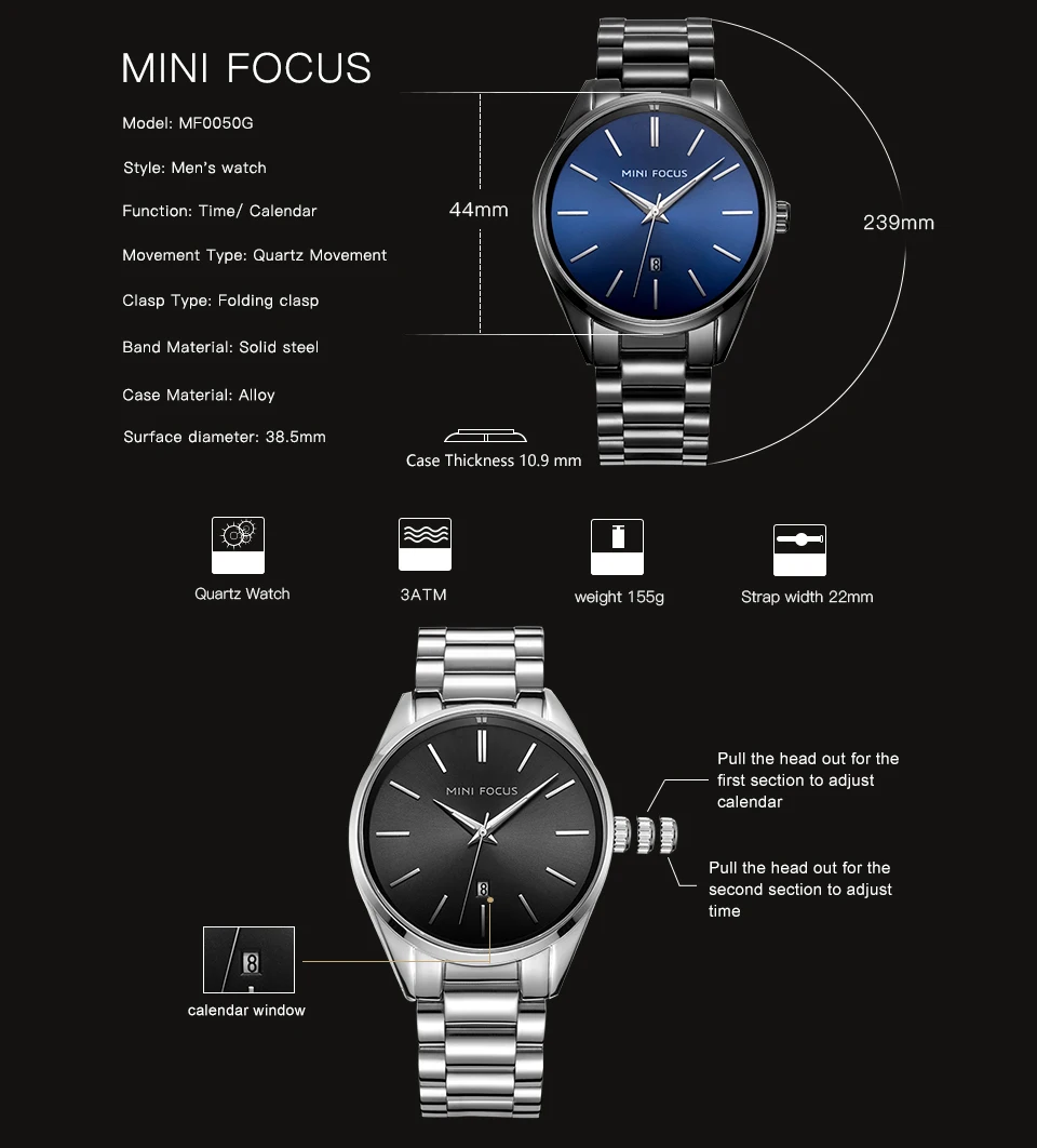 Новинка 2019 модные мужские часы MINI FOCUS Роскошные Кварцевые ведущей марки