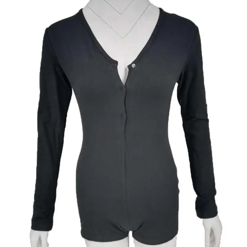 

Black Sleepwear Cotton Onesies For Young Lady Casual Summer New Jumpsuit Pajamas Long Sleeve Mini Tight Nightwear Shorts