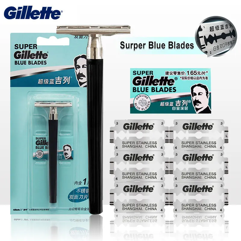 Безопасная бритва Gillette, бритвенные лезвия с двойным краем, супер-синяя ручка, чехол, сменные лезвия с платиновым покрытием, бритвенный нож - изображение