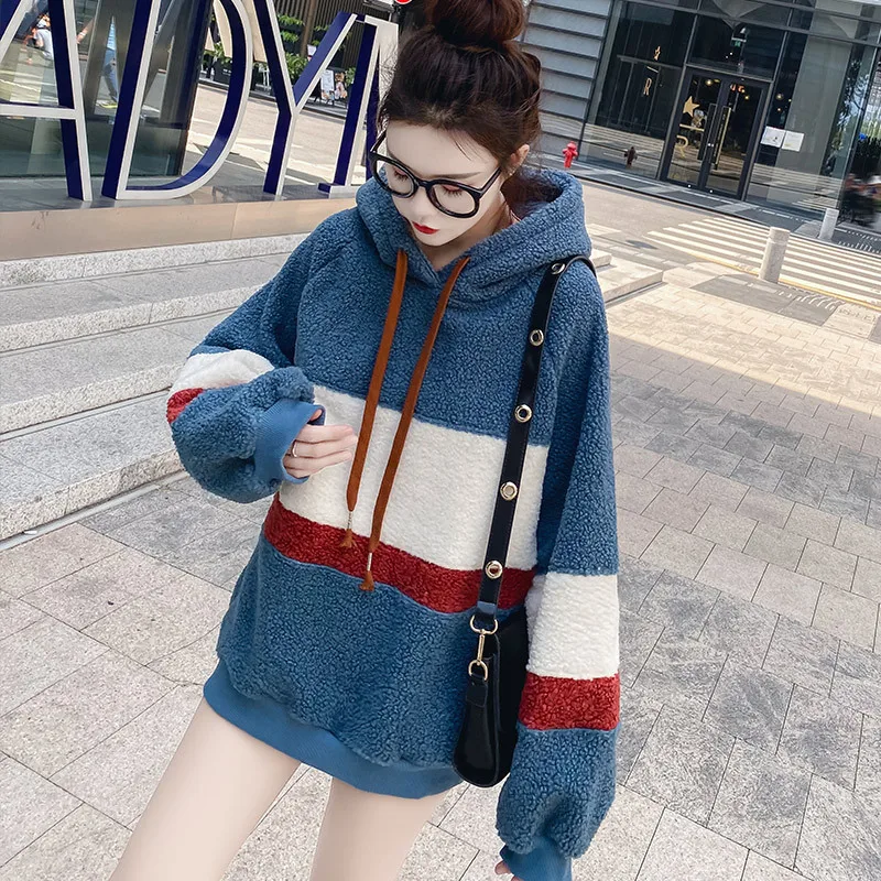 

Loose Style Women Sweatshirts 2021 Spring Autumn Lamb Wool Pullovers Hooded Hoodies Thick Korean Tops Lantern Sleeve Outerwears