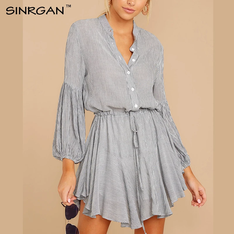 SINRGAN женское осеннее черное Полосатое платье рубашка на пуговицах с поясом талии