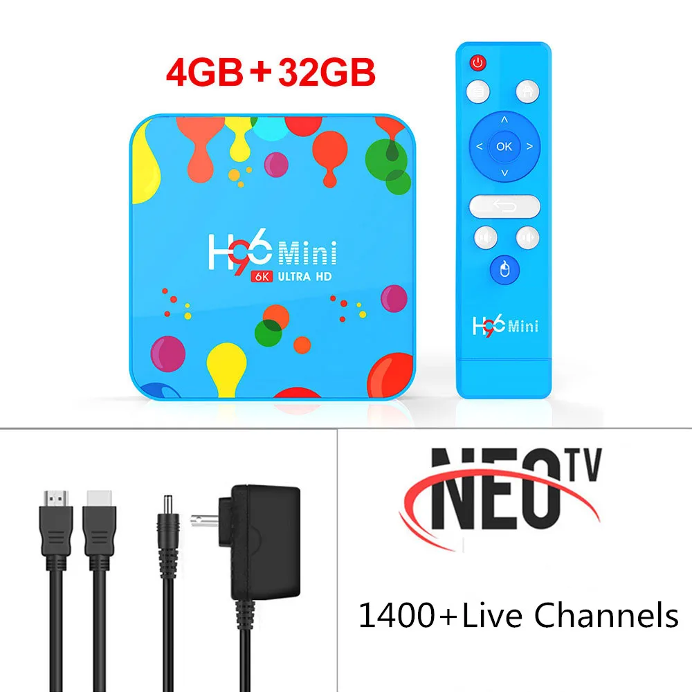 4G 32G With NEO12 H96 Мини Android 9,0 Smart tv Box 6K H.265 Wifi HD проигрыватель google Youtube телеприставка+ 1 год NEO pro французская IP ТВ подписка - Цвет: 4G 32G With NEO12