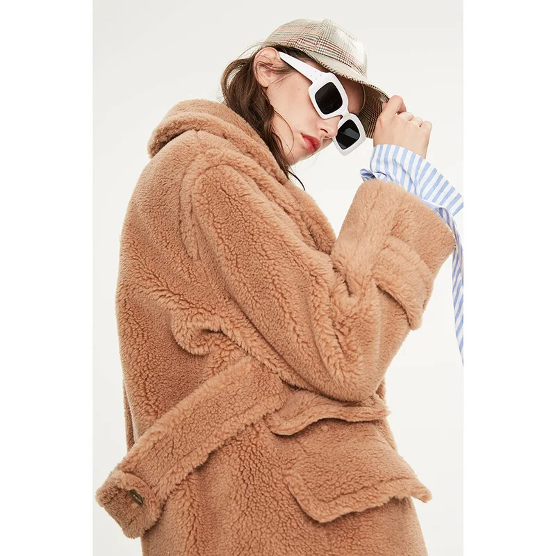 Женское пальто из искусственного меха длинное с плюшевым мишкой женская одежда