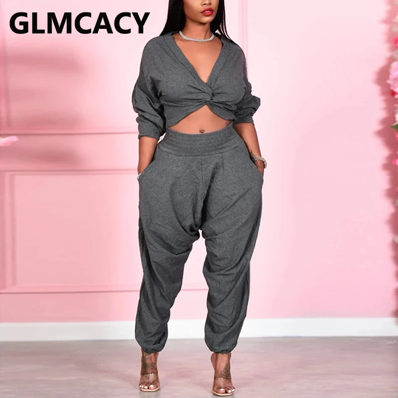 

Women Causal Regular Suits Solid Twist Crop Top & Loose Pants Set