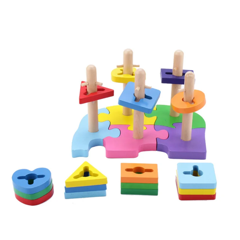 Baby Toys Column Set Geometric Building Blocks Wooden For Kids Carton Elephant Macaron Color Educational Gift | Игрушки и хобби