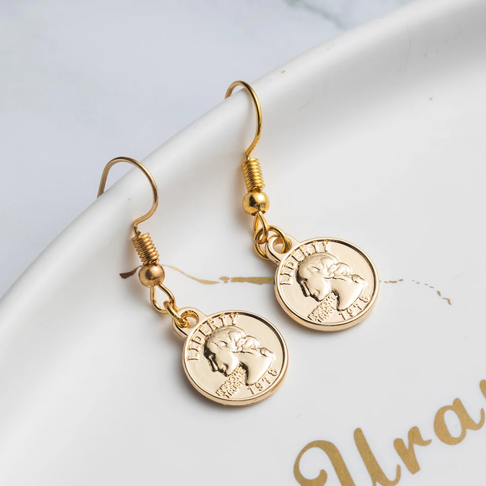 Romantic Sweet Cute Golden Copper Coins Shape Dangling Earrings For Women And Girls Wedding Engagement Accessories Ear Ornaments | Украшения