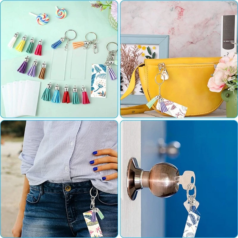 

Acrylic Keychain Blanks with Key Rings Rectangle Clear Discs Circles Colorful Tassel Pendants for DIY Projects Crafts T21F