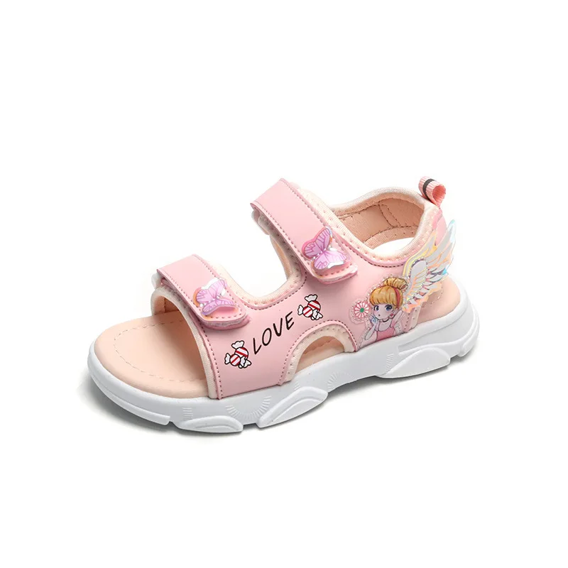

Girls Sandals New 2021 Summer Princess Purple Flat Heel Sandals Student Pink Sport Beach Shoes Kid's Shoe Cartoon Wings E04191
