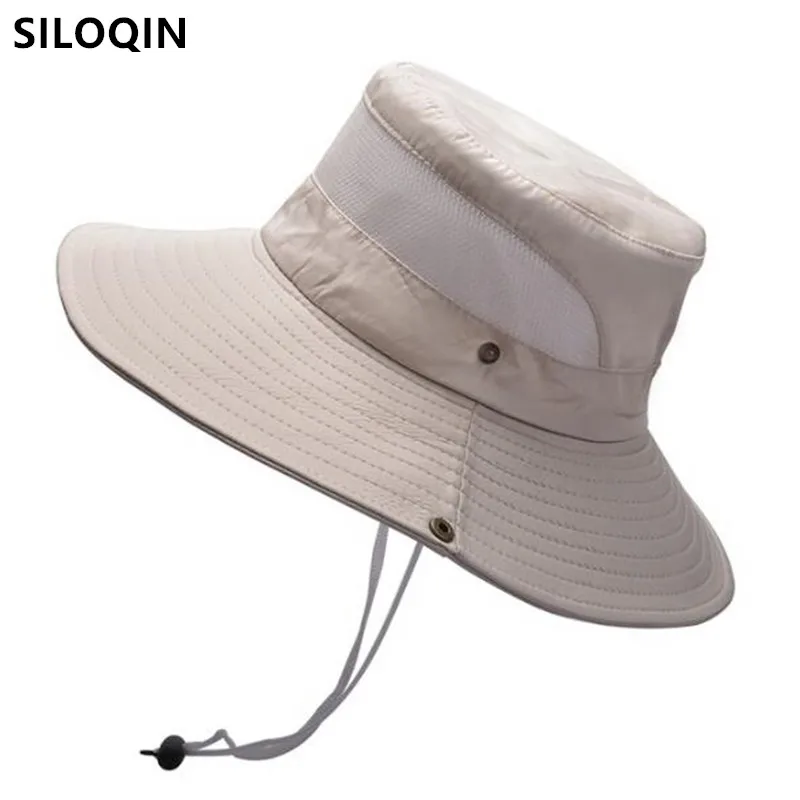 

SILOQIN Multicolor New Summer Men's Panama Hat Mesh Breathable Bucket Hats Flat Cap Wind Rope Fixed Large Eaves Women Beach Hat