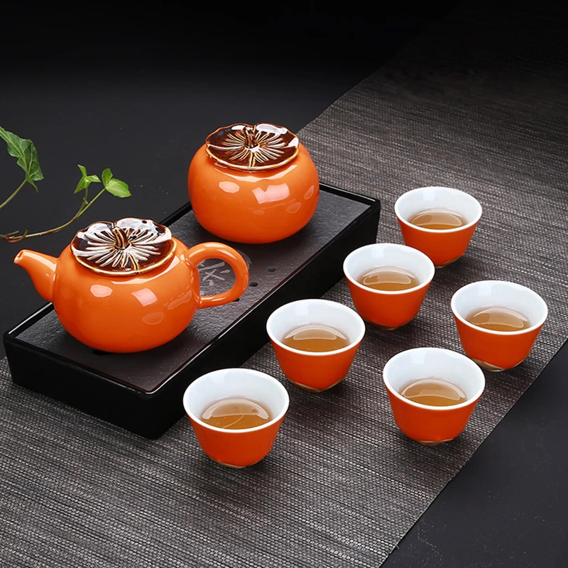 

Creative Persimmon Model Kung Fu Ceramic Tea Set Include 6 cups 1 tea pot,Red glaze Porcelain Exquisite Tea Cup drinkware