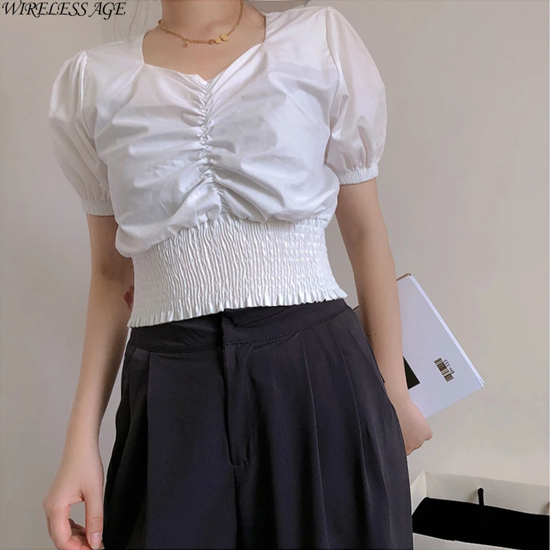 

WIRELESS AGE Puff Sleeve Shirt Women Retro French Square V Neck Loose Short Sleeved Top 2021 New Harajuku Fashion Daily Wild