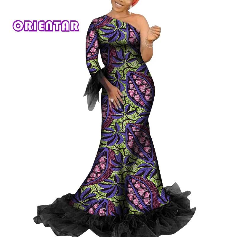 2020 African Dresses for Women Plus Size Long Ankara Dress Party Gowns with Black Yarn One Shoulder African Dress WY6685
