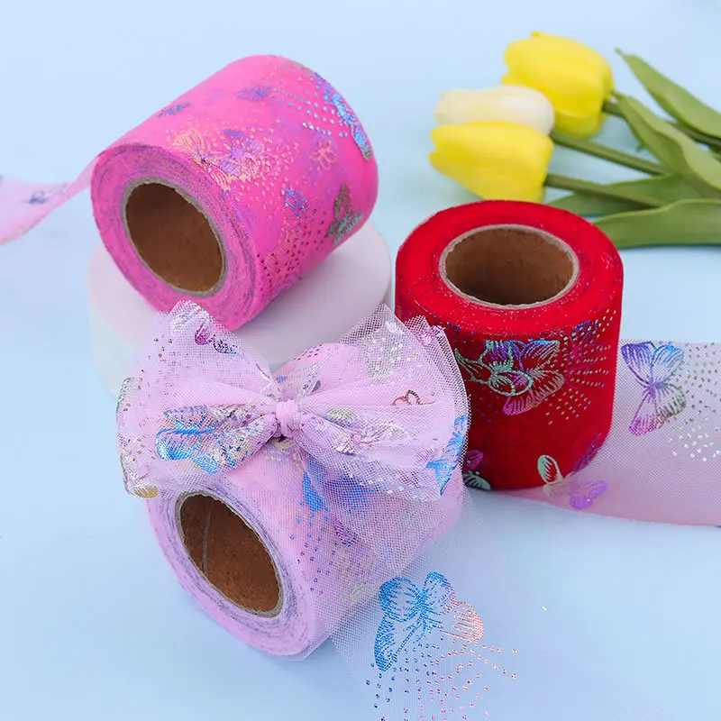 

6/8cm Butterfly Tulle Roll Color Bow Printed Mesh Ribbon Spool Tutu Bow Pom Squine Tulle Tutu Skirt Wedding Birthday Decoration