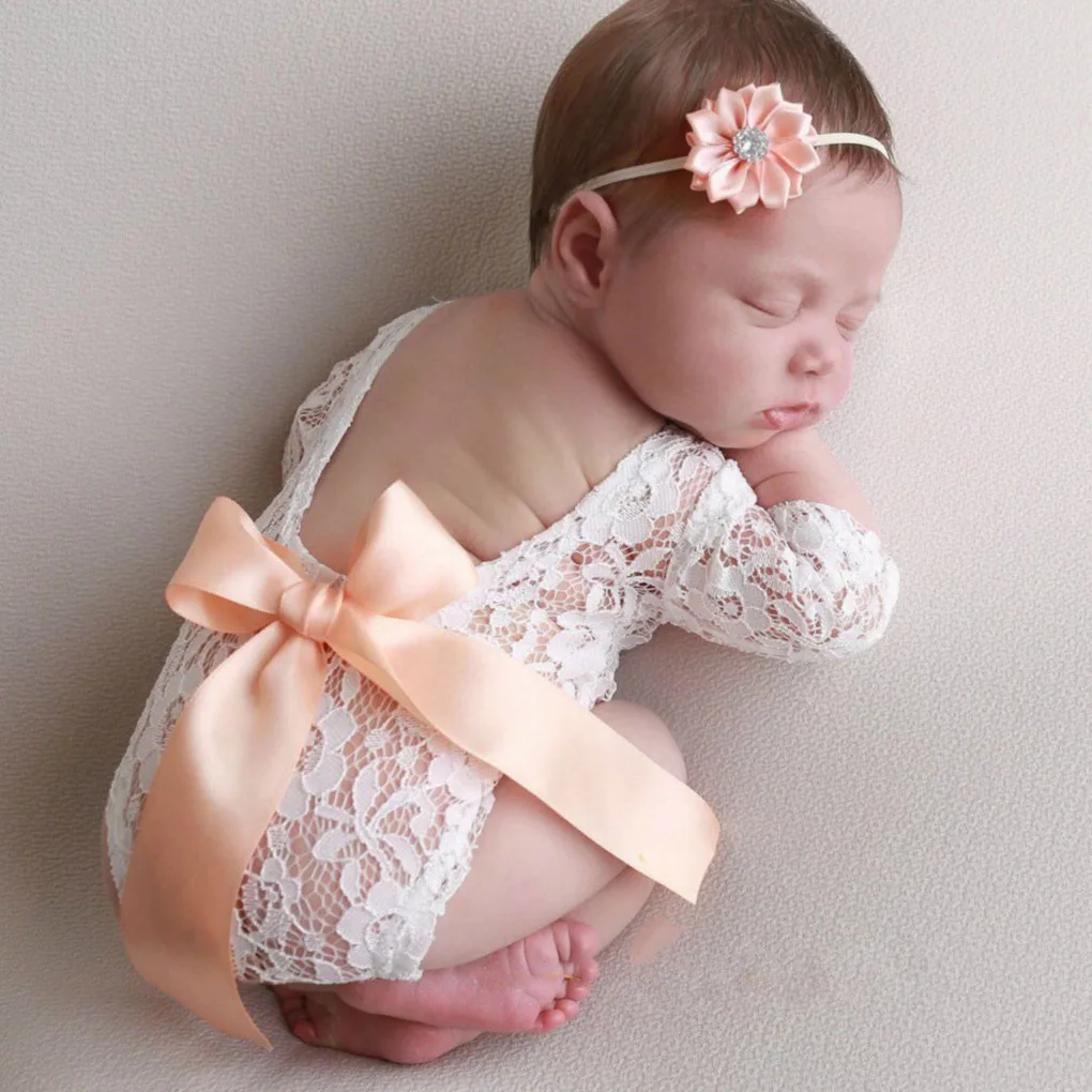 

High Quality Newborn Photography Props Baby Girls Bow Clothing Princess Lace Romper Studio Shoot Clothing With Flower Headband