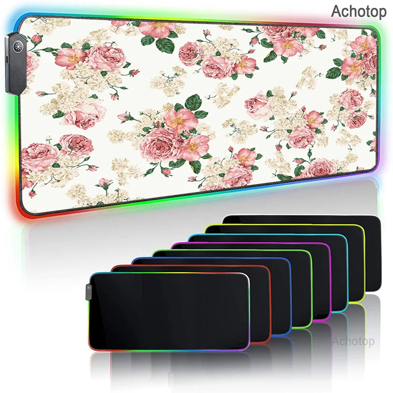 

Flower pattern RGB Gaming Mousepad 14 Colors Large LED Lighting Mouse Pad Desk Pad Rubber Computer Keyboard Mat Various Size DIY